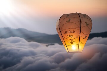 Hopeful lantern illuminated with warm glow ascends into misty mountains at dawn, honoring All Souls' Day.