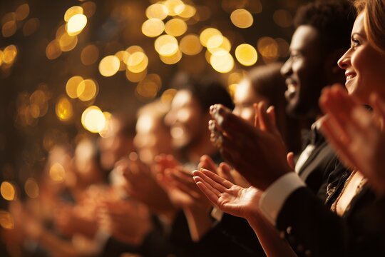 Enthusiastic diverse audience applauding with golden bokeh lights in the background, concept for live performance, celebrating success and honoring achievement