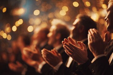 Blurred background image of people clapping hands wearing suit at event, concept for appreciation ceremony, achievement celebration and public event recognition