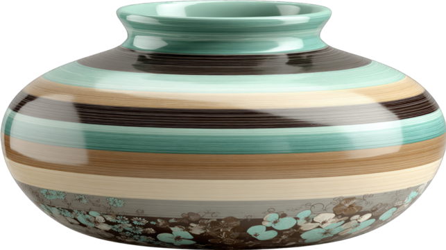 Teal and brown striped vase with floral accents