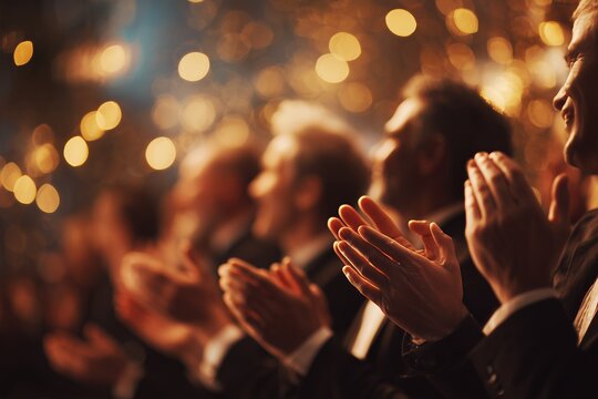 Blurred background image of people clapping hands wearing suit at event, concept for appreciation ceremony, achievement celebration and public event recognition