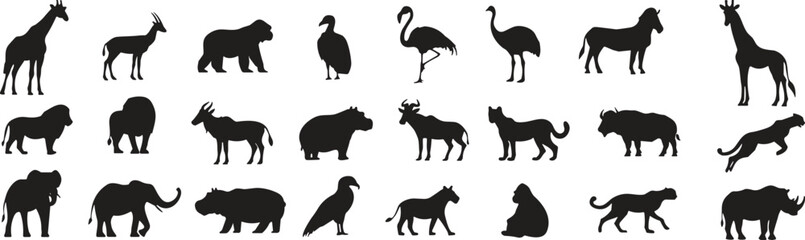 Animal silhouette set, wildlife icon pack, giraffe, elephant, lion, flamingo, horse, fox, bison, black vector, nature shape
