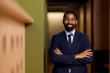 Confident African-American Professional Standing in an Office Environment With a Warm Smile