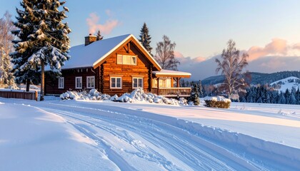 Fototapeta premium A snow-covered old wooden church and a small cottage in a mountain landscape, surrounded by frost-covered trees