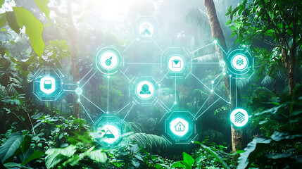 Digital network icons overlaying a lush forest scene, symbolizing technology and nature integration