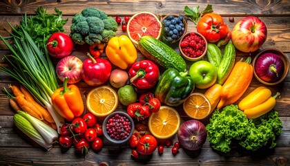 A vibrant and colorful assortment of fresh organic fruits and vegetables on a rustic wooden table, representing a healthy diet