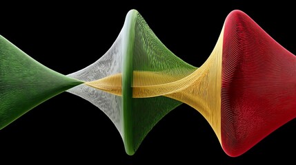 Woven lines Green, white, gold, and red abstract shapes against black