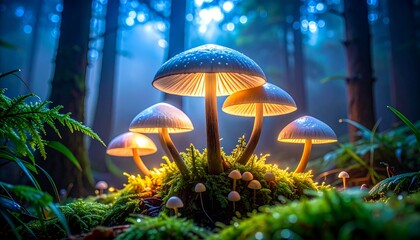 Fototapeta premium A hyper-realistic, macro shot of a bioluminescent mushroom cluster glowing in a dark, misty forest, its intricate gills and dewy cap illuminated by soft,