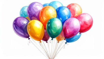 A festive bunch of colorful balloons, perfect for any birthday party or celebration, floats against a white background
