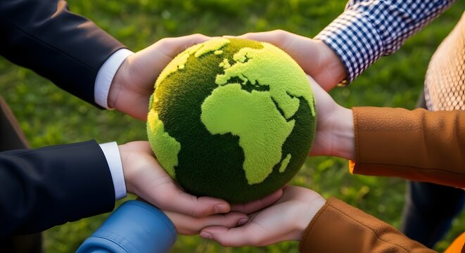 Hands holding earth globe environmental sustainability global unity and teamwork concept