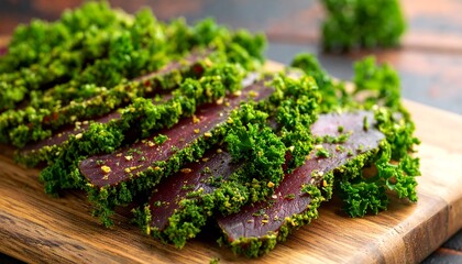 Slices of cured meat topped with fresh kale