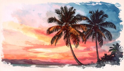 Watercolor sunset scene with palm trees