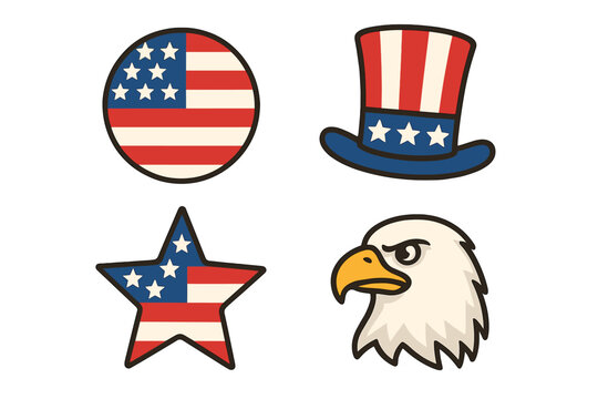 USA patriotic sticker collection. American flag, bald eagle head, Uncle Sam hat, star shape. 4th of July Independence Day vector cartoon flat icons. National symbols set.