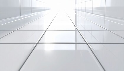 Obraz premium Glossy white beveled tiles with a single grazing highlight pristine lines and central copy space clean interior background