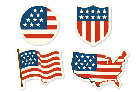 Set of American flag stickers in a retro flat style. USA patriotic collection with national symbols. Vector icons of map, shield, and circle badge for graphic design.