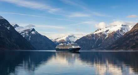Obraz premium Majestic Cruise Ship Gliding Through Serene Waters Surrounded by Snow-Capped Mountains at Dawn