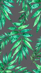 Watercolor tropical leaf pattern on gray