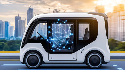 Autonomous electric vehicle with digital network display driving through a modern cityscape