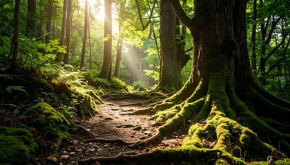 Obraz premium A forest path meanders through a lush, green woodland. Sunlight streams through the trees illuminating mossy ground and gnarled roots