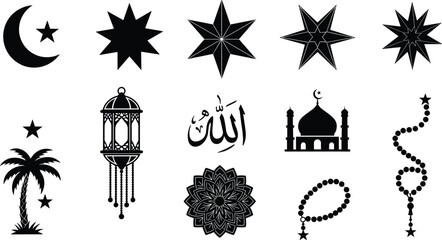 Islamic, symbol, crescent, star, mosque, lantern, calligraphy, Allah, prayer, bead, palm, tree, floral, geometric, vector, black, white, cultural, religious, design