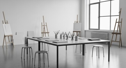 Empty Art Classroom with Easels and Drawing Supplies