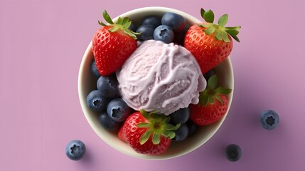 Delicious blueberry ice cream with fresh strawberries summer dessert bowl