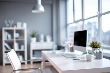 blurred background of a modern office interior with a white desk and computer monitor mockup, a minimalist work space for a graphic designer or web developer, with copy space.