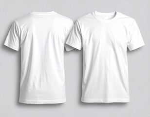 Two blank white t-shirts, front and back views, on a gray background