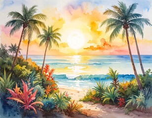 Watercolor tropical sunrise landscape