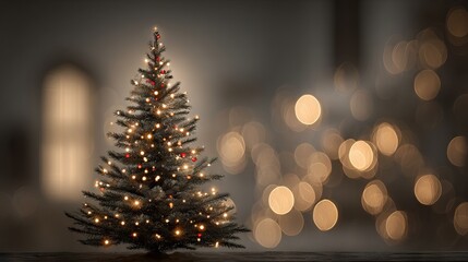 Dreamy Christmas background with glowing golden bokeh and defocused fir tree lights soft festive orbs blurred holiday backdrop for greeting cards banners web headers product mockups with copy space