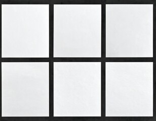 Fototapeta premium Six white square sheets of textured paper are evenly spaced against a dark background, arranged in a two-by-three grid