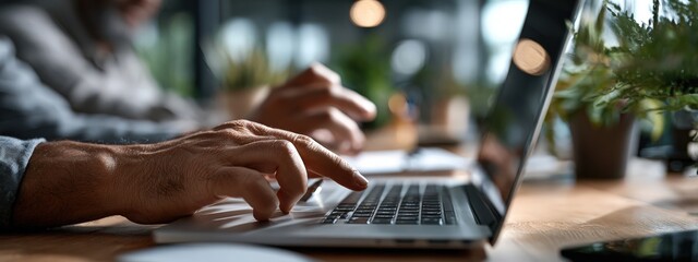 An individual is actively typing on a laptop computer while seated at a table