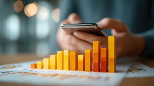A person uses a smartphone with a 3D bar chart overlay on documents, symbolizing data analysis and business growth.