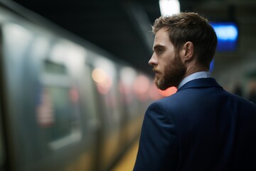 Thoughtful bearded businessman in suit waiting subway train on platform looking forward. Concept for professional services, daily commute and urban exploration