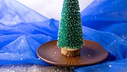 Small Christmas tree on a plate, blue background