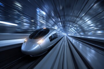 Obraz premium Futuristic silver high-speed train traveling through a blurry tunnel with motion effect, concept for modern transportation, infrastructure development and technological advancement