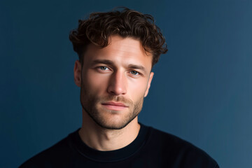 Naklejka premium Portrait of handsome young man with serious expression against blue background, modern male fashion and lifestyle concept