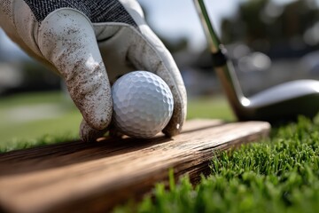 A person is carefully putting a golf ball onto a tee to play