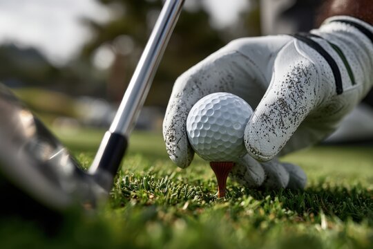 A person is carefully putting a golf ball onto a tee to play