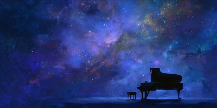 Silhouette of a grand piano under a vibrant, colorful nebula with a dark, dreamy vibe, concept for musical inspiration, dreamlike atmosphere and cosmic themed events
