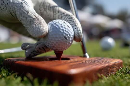 A person is carefully putting a golf ball onto a tee to play