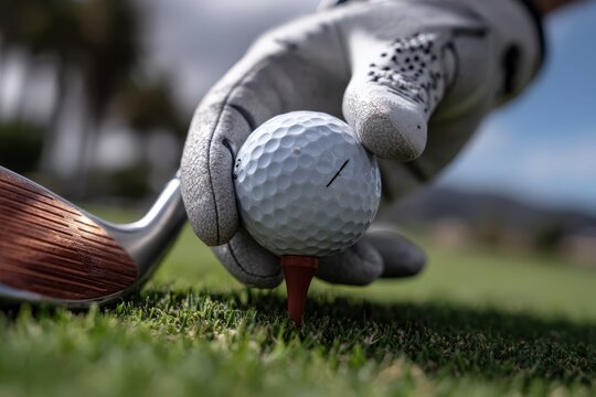 A person is carefully putting a golf ball onto a tee to play - Powered by Adobe
