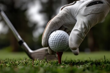 A person is carefully putting a golf ball onto a tee to play
