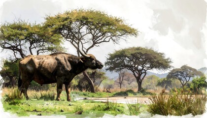 Watercolour style buffalo in African savanna