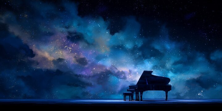Grand piano silhouette against a celestial background filled with stars and cosmic clouds, concept for musical performances, artistic expression and creating a dreamlike atmosphere