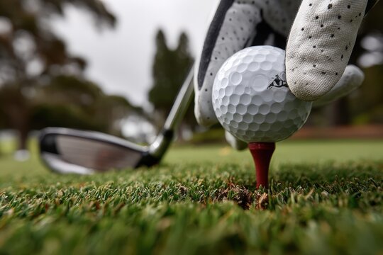 A person is carefully putting a golf ball onto a tee to play