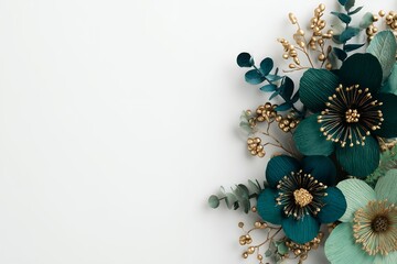 Elegant crafted paper flowers in teal and gold hues arranged on a clean white surface, beautifully designed, concept for greeting cards, event invitations and sophisticated wall art decor