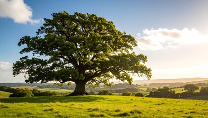 Obraz premium Majestic tree on a grassy hill under a golden sky