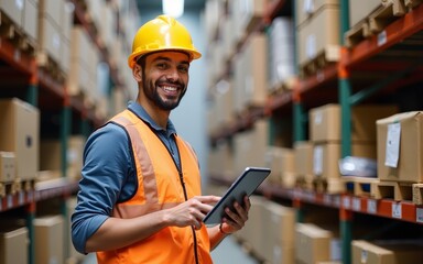 Portrait of a delivery center worker tracking shipment on tablet while standing in storage and smiling at the camera. High quality