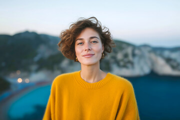 Fototapeta premium Stylish young woman in yellow sweater smiling outdoors with ocean and mountain background